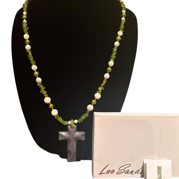 lee sands Jewelry - Lee Sands Peridot Bead and Freshwater Pearls Cross Necklace